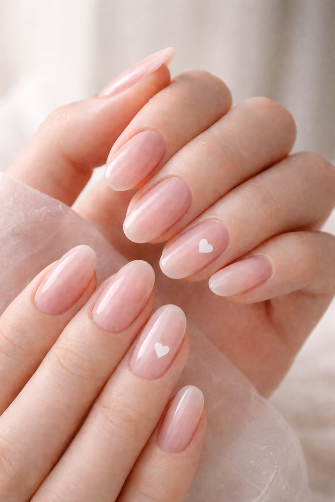 Soft blush pink Valentine nails with tiny heart accents on a glossy nude base