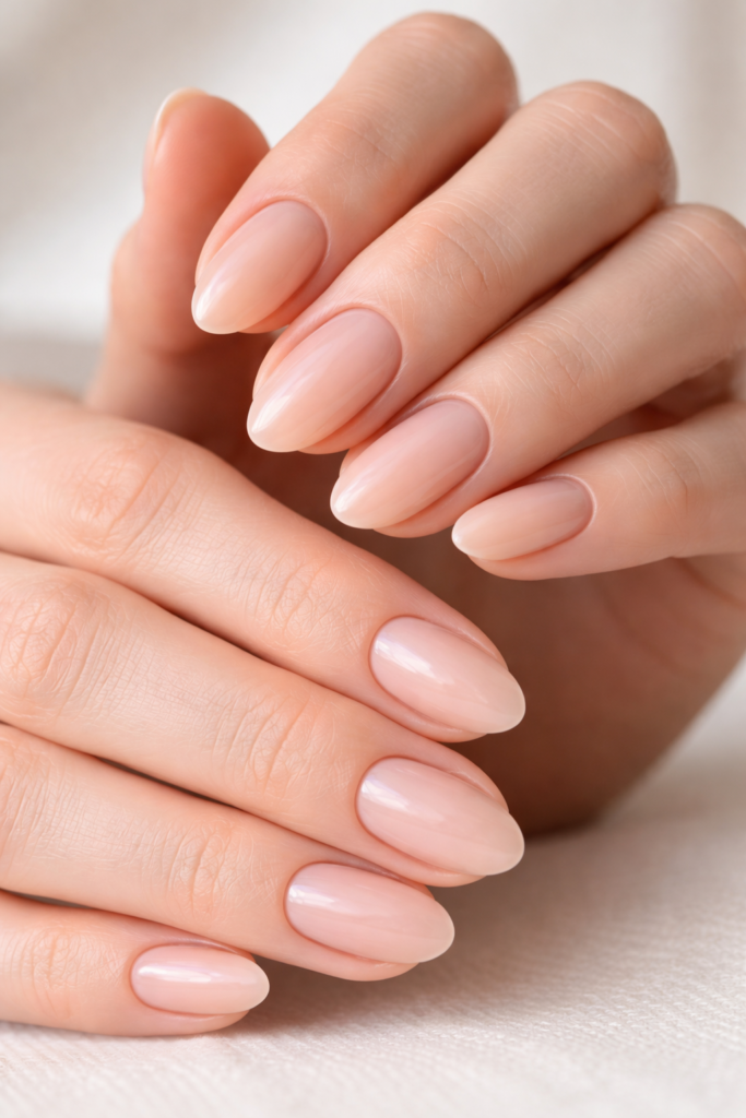 Minimal glossy nude pink nails with a clean and effortless romantic look