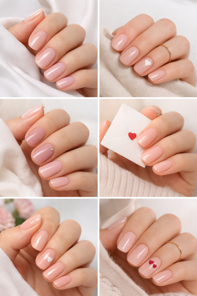 Blush pink Valentine nails with micro heart details and minimal nail art