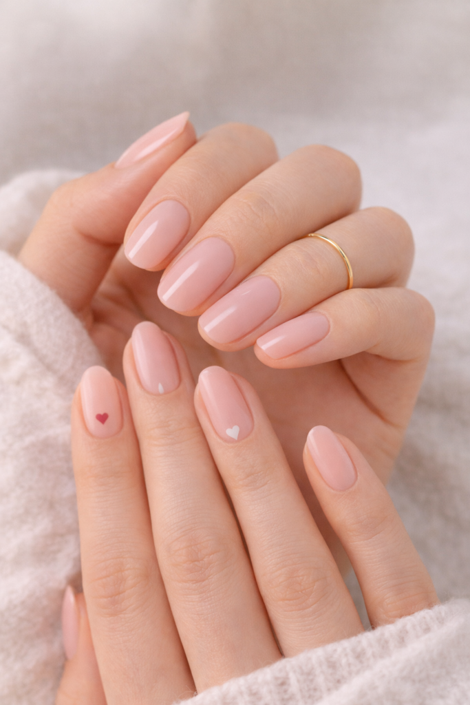 Soft feminine Valentine nails with blush pink polish and tiny heart details