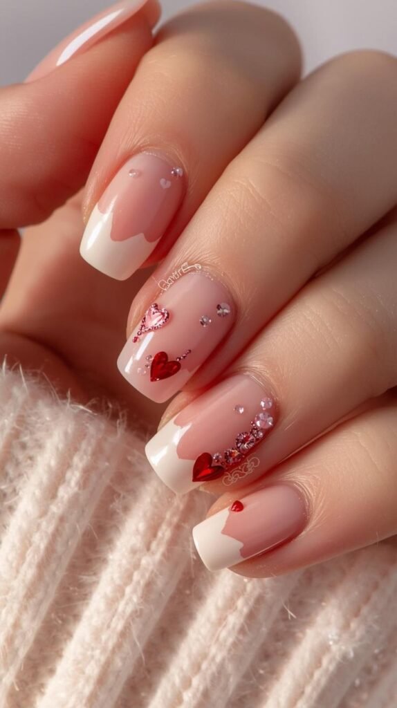 Pinterest-inspired Valentine nail ideas featuring soft blush nails and subtle heart art