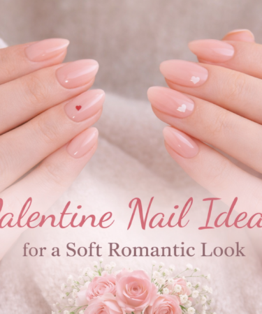Valentine nail ideas featuring soft blush pink nails with delicate heart details for a romantic look