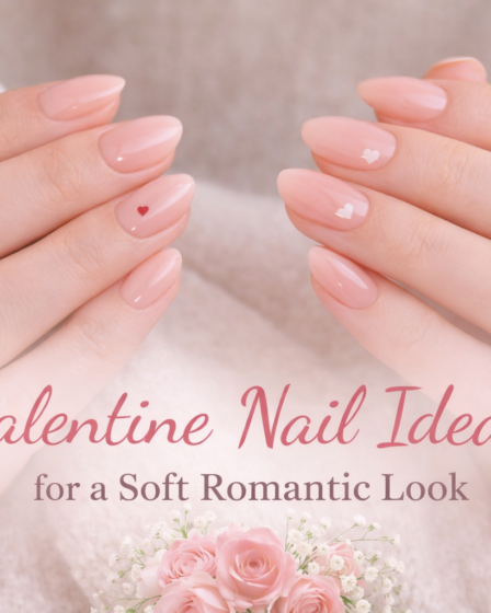 Valentine nail ideas featuring soft blush pink nails with delicate heart details for a romantic look