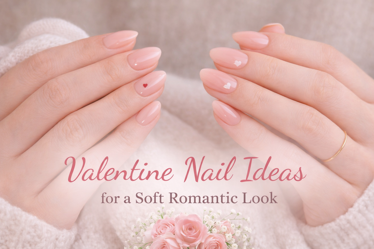 Valentine nail ideas featuring soft blush pink nails with delicate heart details for a romantic look